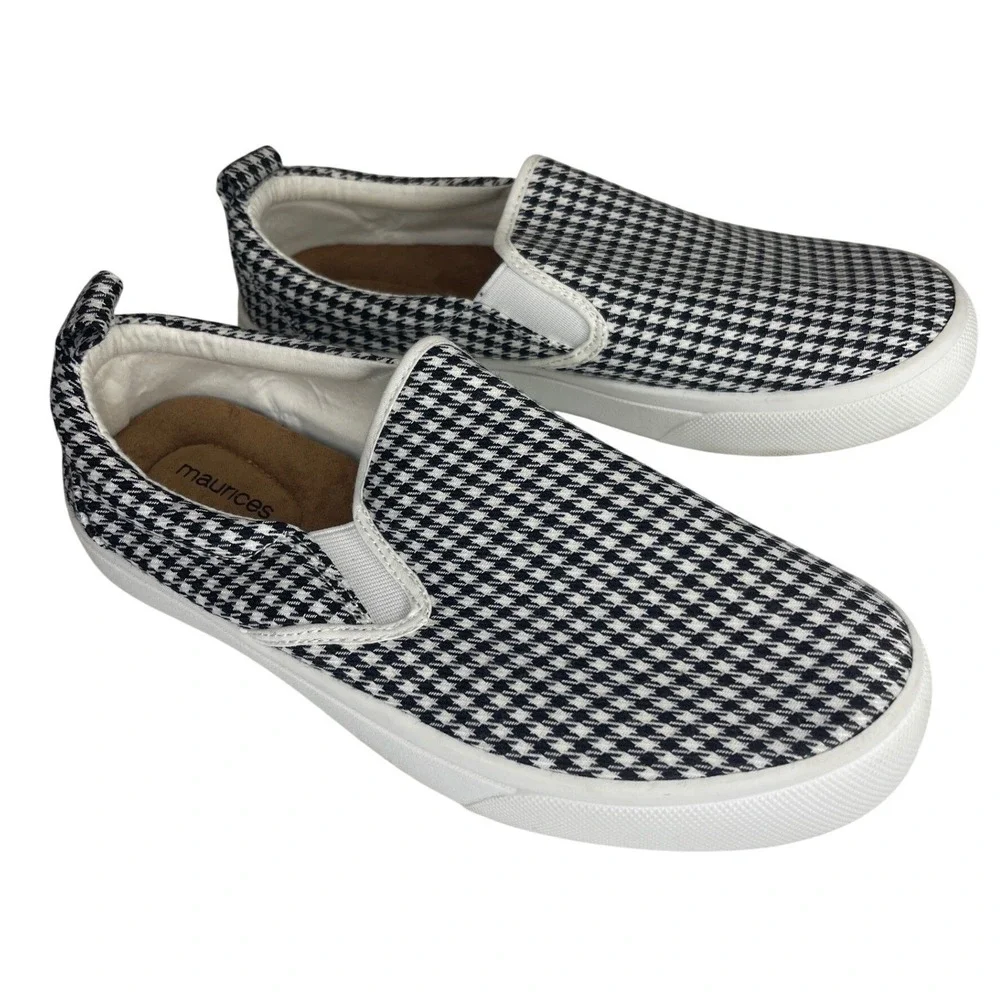 Maurices Womens Houndstooth Slip On Sneakers Black White Canvas Flats Size 8